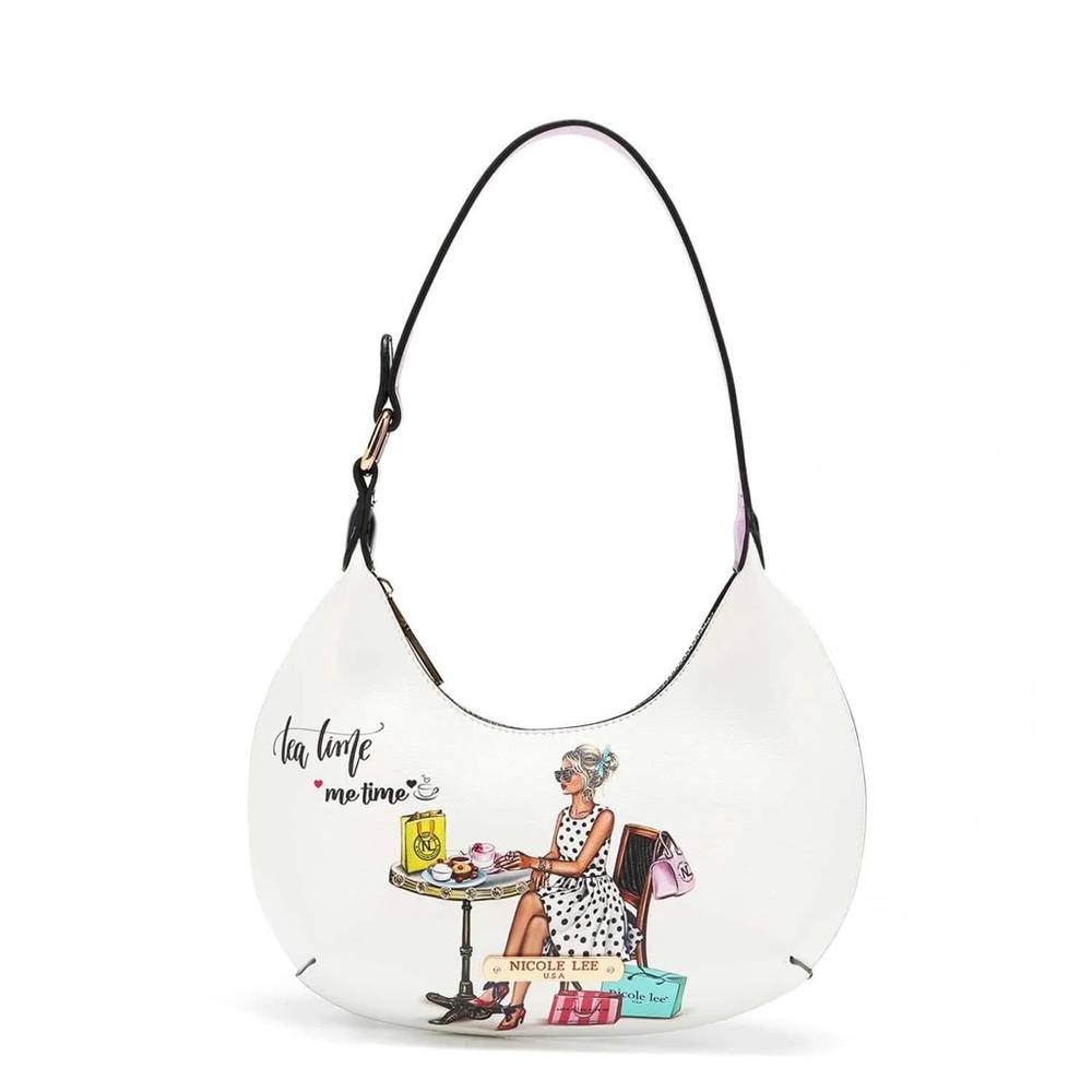 Nicole Lee White Crescent Shoulder Bag with Tea Time Illustration